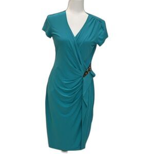 Teal Turquoise Wrap Rayon Cache Dress Leather Detail New wit Tags XS